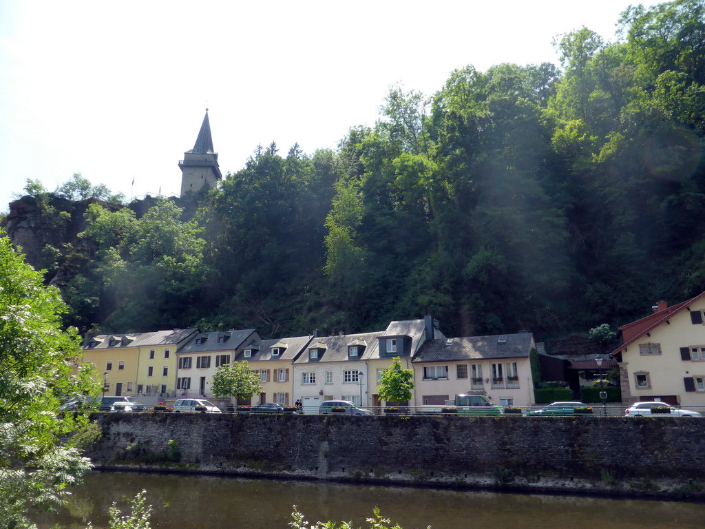 The Rue du Vieux Marche street and the Hockelstour tower of the Vianden Castle, viewed from the Rue Victor Hugo street