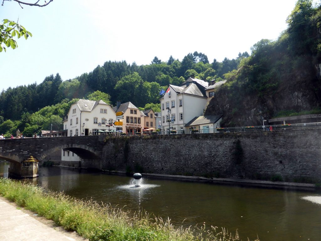 Fountain, the Grand-Rue bridge over the Our river and the Rue du Vieux Marche street, viewed from the Rue Victor Hugo street