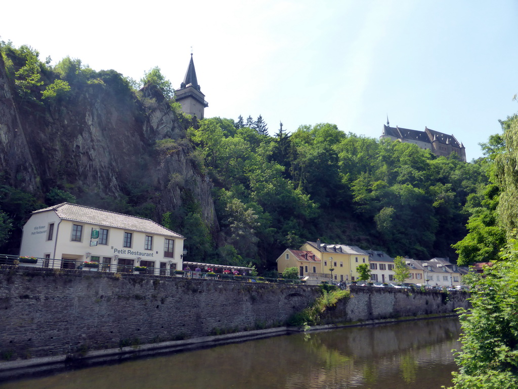 The Our river, the Rue du Vieux Marche street and the Vianden Castle with the Hockelstour tower, viewed from the Rue Victor Hugo street