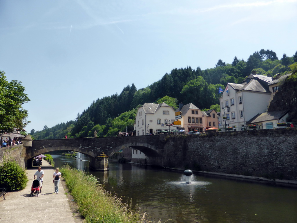 Fountain, the Grand-Rue bridge over the Our river and the Rue du Vieux Marche street, viewed from the Rue Victor Hugo street