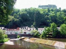 The Vianden Castle, a small dam in the Our river and the Rue du Vieux Marche street, viewed from the Rue Victor Hugo street