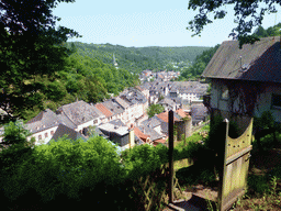 The Grand-Rue street and the Hockelstour tower of the Vianden Castle, viewed from the Rue de Diekirch street