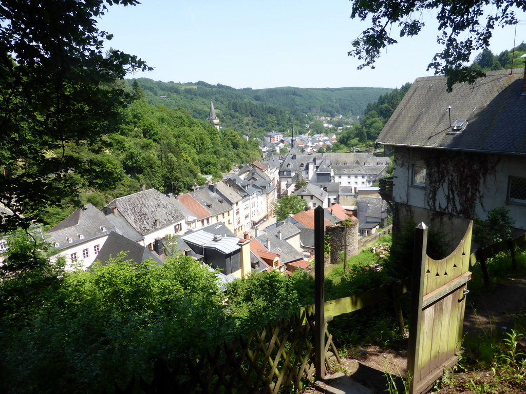 The Grand-Rue street and the Hockelstour tower of the Vianden Castle, viewed from the Rue de Diekirch street