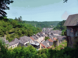 The Grand-Rue street and the Hockelstour tower of the Vianden Castle, viewed from the Rue de Diekirch street