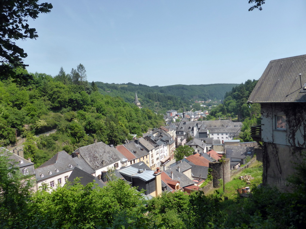 The Grand-Rue street and the Hockelstour tower of the Vianden Castle, viewed from the Rue de Diekirch street