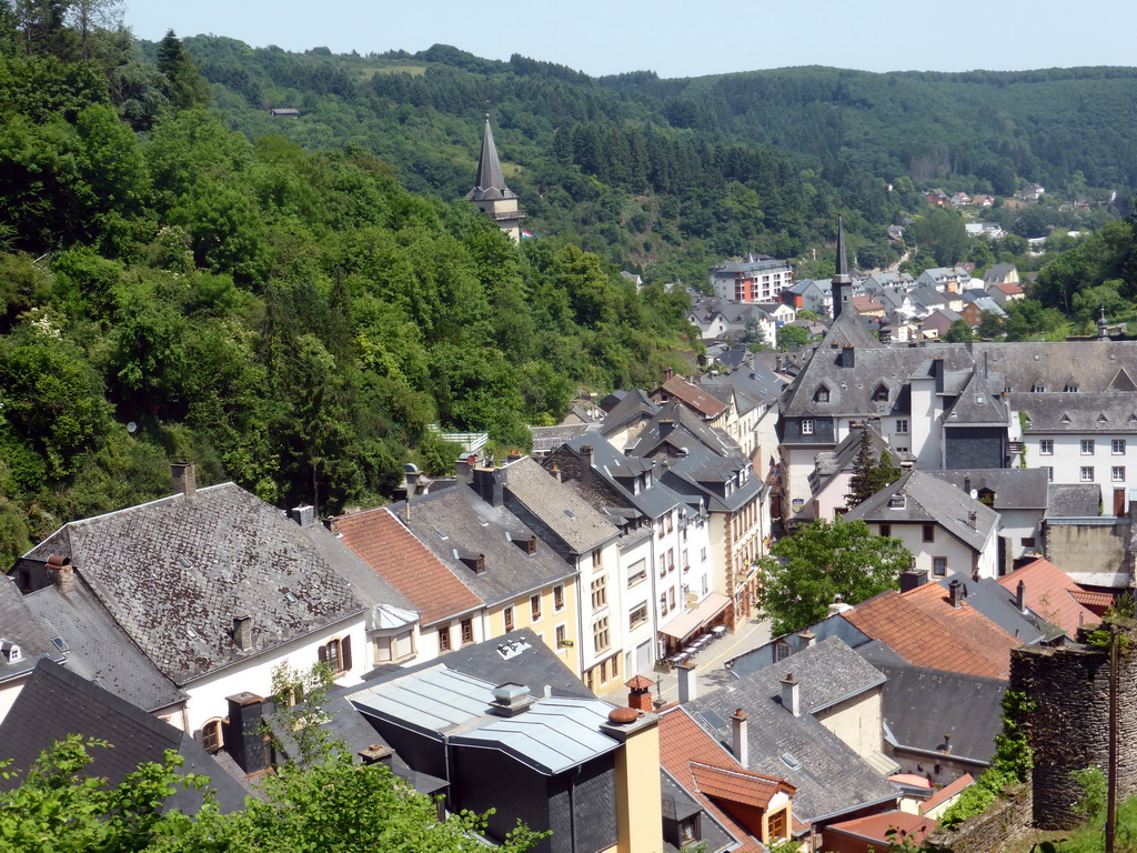 The Grand-Rue street and the Hockelstour tower of the Vianden Castle, viewed from the Rue de Diekirch street