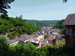 The Grand-Rue street and the Hockelstour tower of the Vianden Castle, viewed from the Rue de Diekirch street