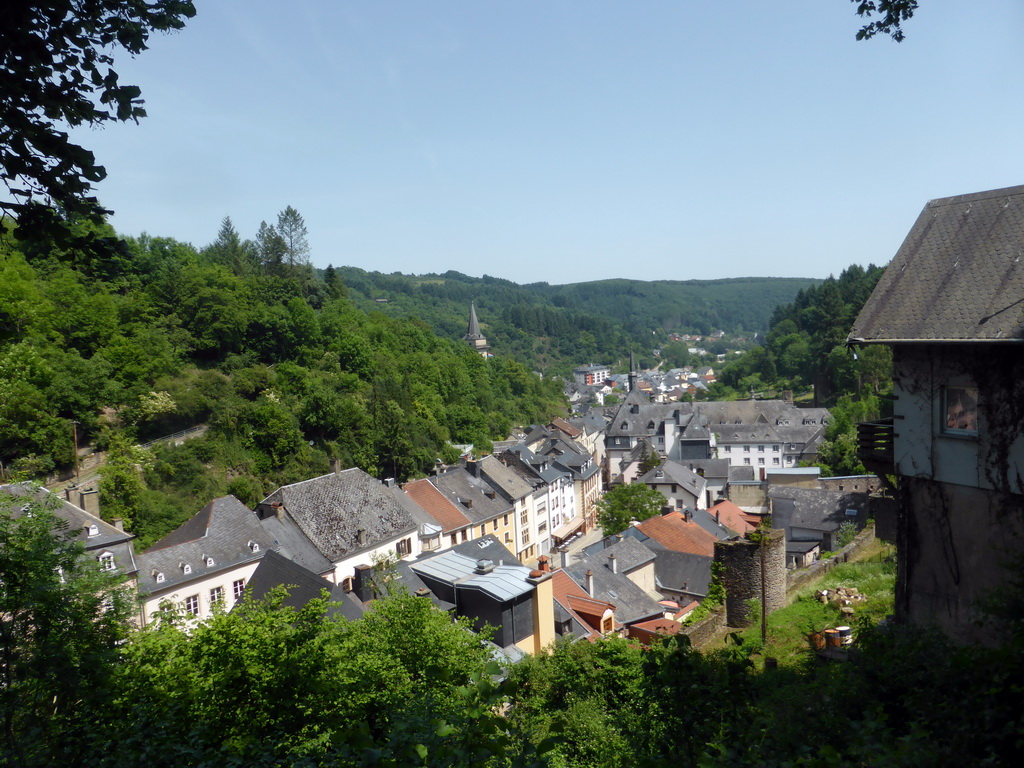 The Grand-Rue street and the Hockelstour tower of the Vianden Castle, viewed from the Rue de Diekirch street