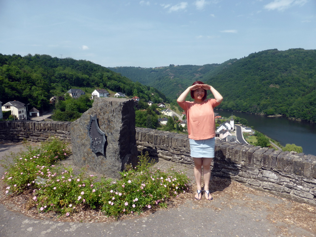 Miaomiao at a viewpoint next to the N10 road, with a view on the town of Bivels and the Our river