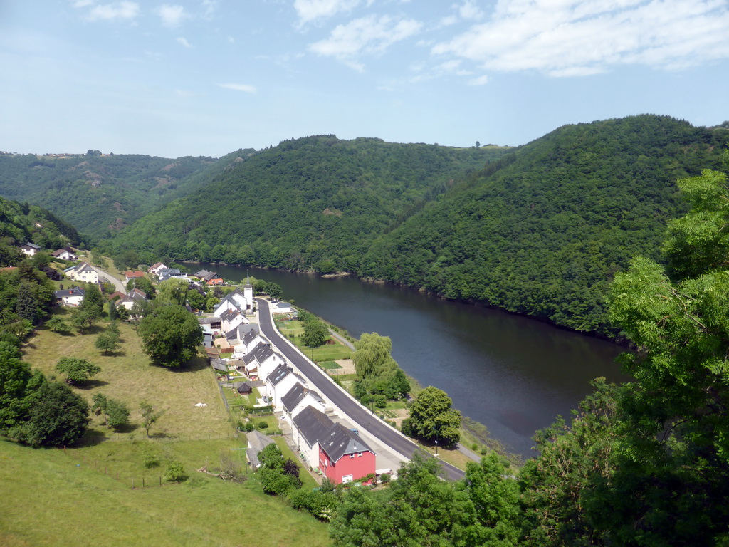 The Rue du Lac street at the town of Bivels and the Our river, viewed from a viewpoint next to the N10 road