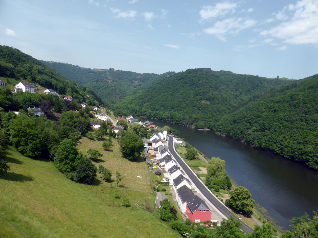 The Rue du Lac street at the town of Bivels and the Our river, viewed from a viewpoint next to the N10 road