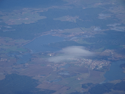 The Kánov and Romberk lakes and the town of Trebon in the Czech Republic, viewed from the airplane from Eindhoven