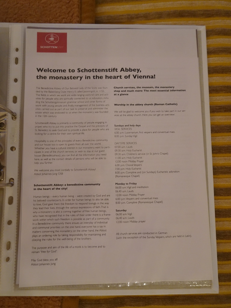 Information on the Schottenstift Abbey at our room at the fourth floor of the Benediktushaus im Schottenstift hotel