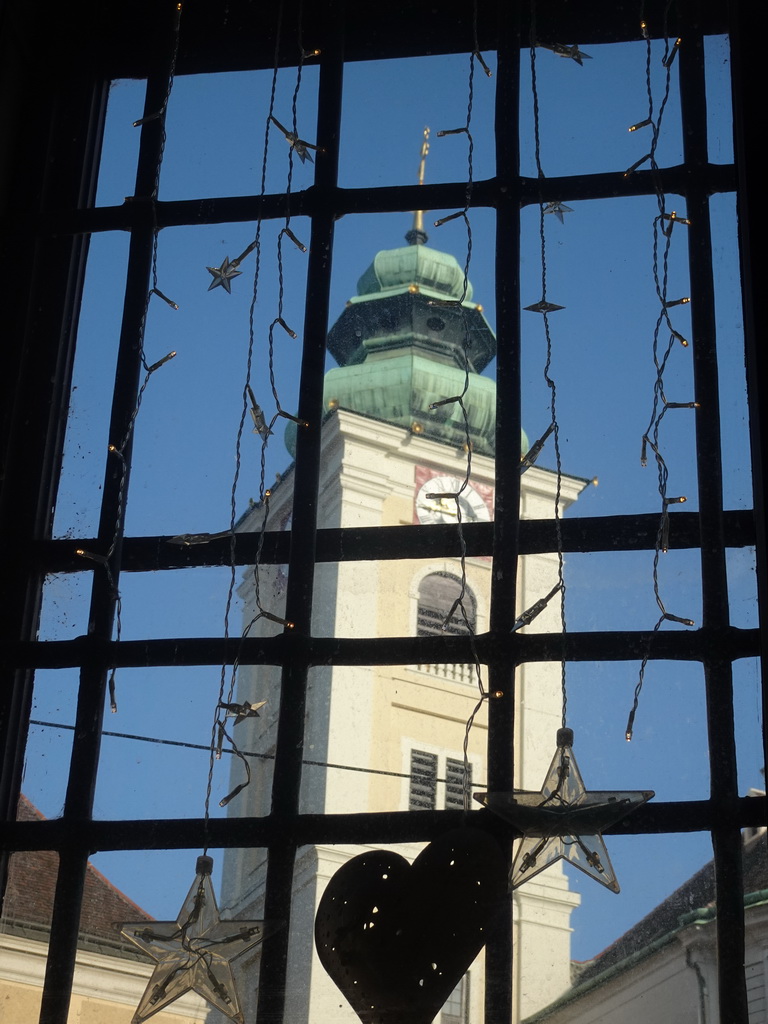 Tower of the Schottenstift Abbey, viewed from the Vanillas Wien restaurant