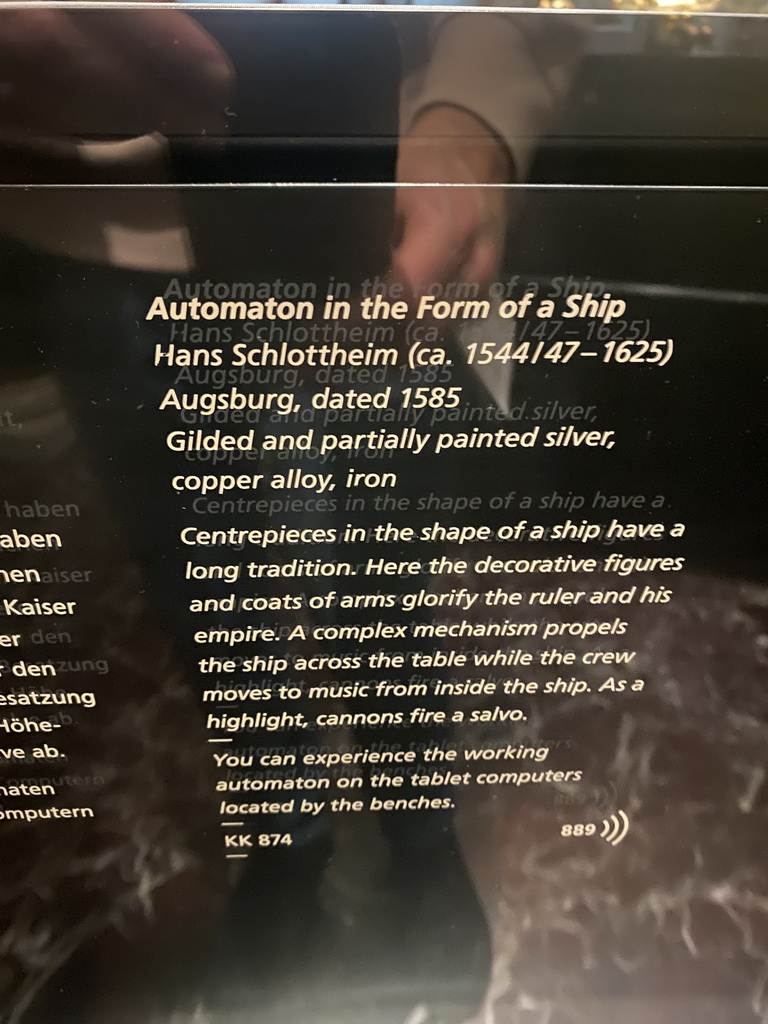 Explanation on the automaton in the form of a ship by Hans Schlottheim at Room XXVII of the Kunstkammer Vienna at the upper ground floor of the Kunsthistorisches Museum Wien