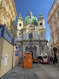 The Jungferngasse street and the Petersplatz square with the front of St. Peter`s Catholic Church, viewed from the Graben square