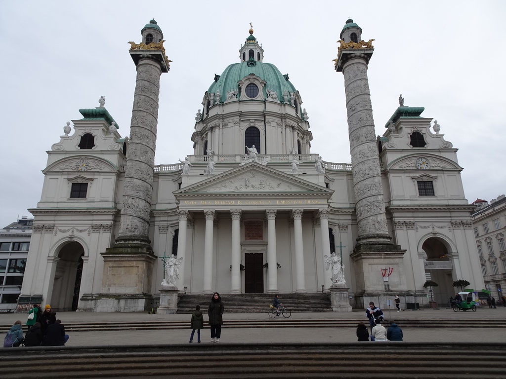 Miaomiao and Max in front of the Karlskirche church at the Karlsplatz square