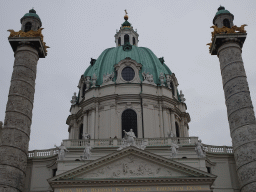 Dome and front columns of the Karlskirche church, viewed from the Karlsplatz square