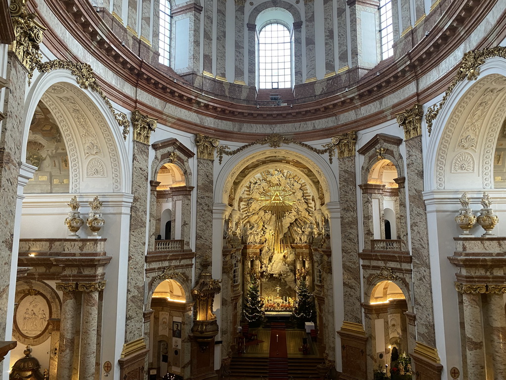 Nave, apse and altar of the Karlskirche church, viewed from the first floor