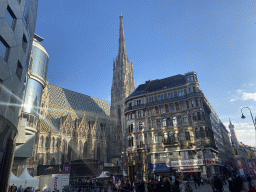 The Stock-im-Eisen-Platz square and the Stephansplatz square with a Silvesterpfad stage and the southwest side of St. Stephen`s Cathedral