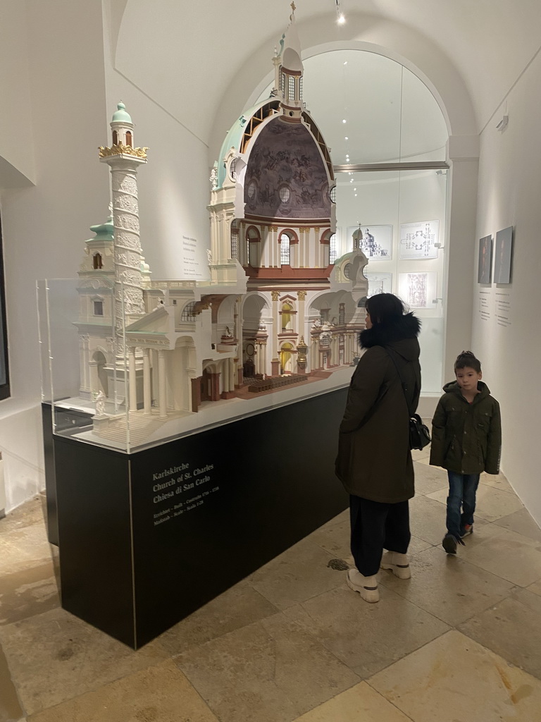 Miaomiao and Max with a scale model of the Karlskirche church at the first floor
