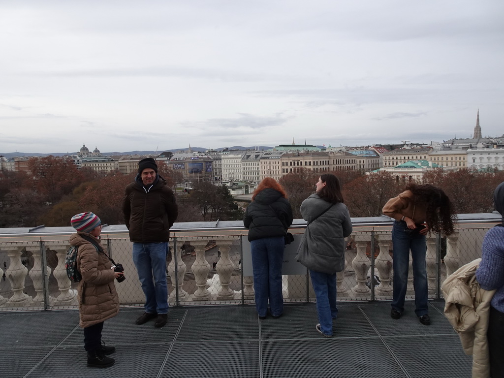 The roof of the Karlskirche church, with a view on the city center with the Karlsplatz square, the Kunsthistorisches Museum Wien, the Naturhistorisches Museum Wien, the City Hall, the Wiener Staatsoper building and the south tower of St. Stephen`s Cathedral