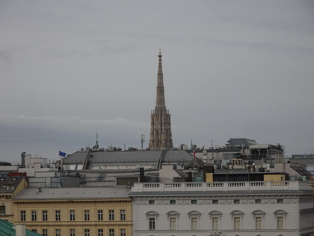 South tower of St. Stephen`s Cathedral, viewed from the roof of the Karlskirche church