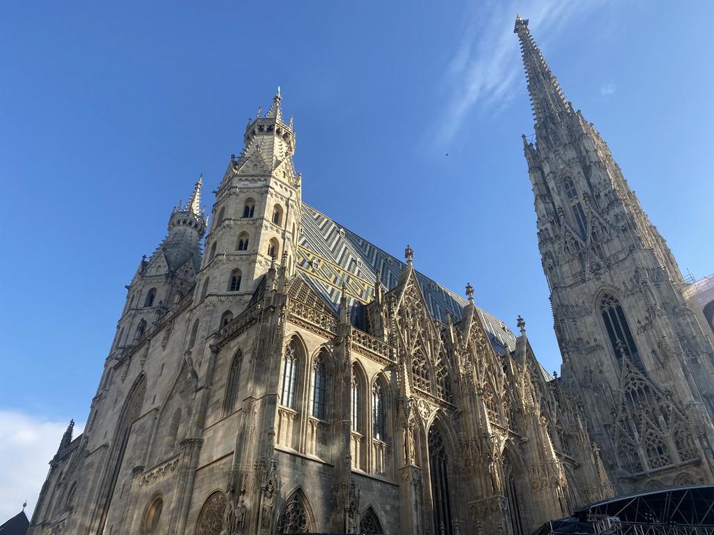 Southwest side of St. Stephen`s Cathedral, viewed from the Stephansplatz square