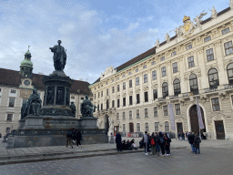 Statue of Emperor Franz I and entrance to the Sisi Museum at the In Der Burg courtyard of the Hofburg palace
