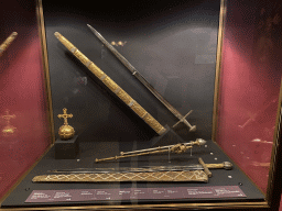 The Imperial Sword (Sword of St. Mauritius), Imperial Orb, Aspergillum, Sceptre and Ceremonial Sword at Room 11 of the Imperial Treasury at the Hofburg palace, with explanation