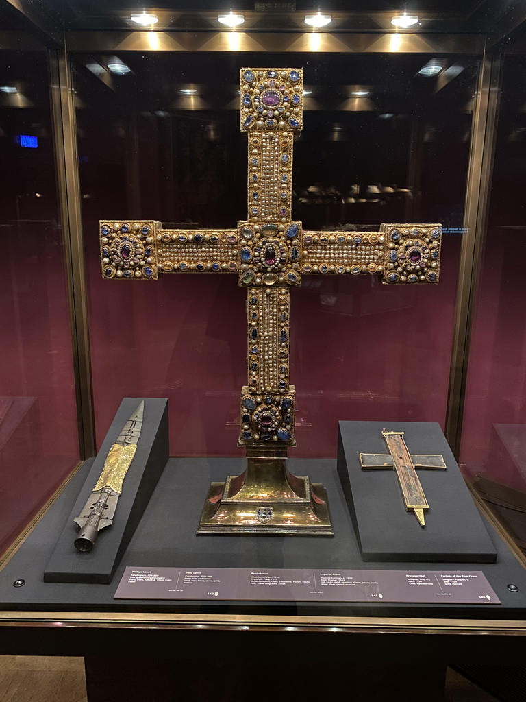 The Holy Lance, Imperial Cross and Particle of the True Cross at Room 11 of the Imperial Treasury at the Hofburg palace, with explanation