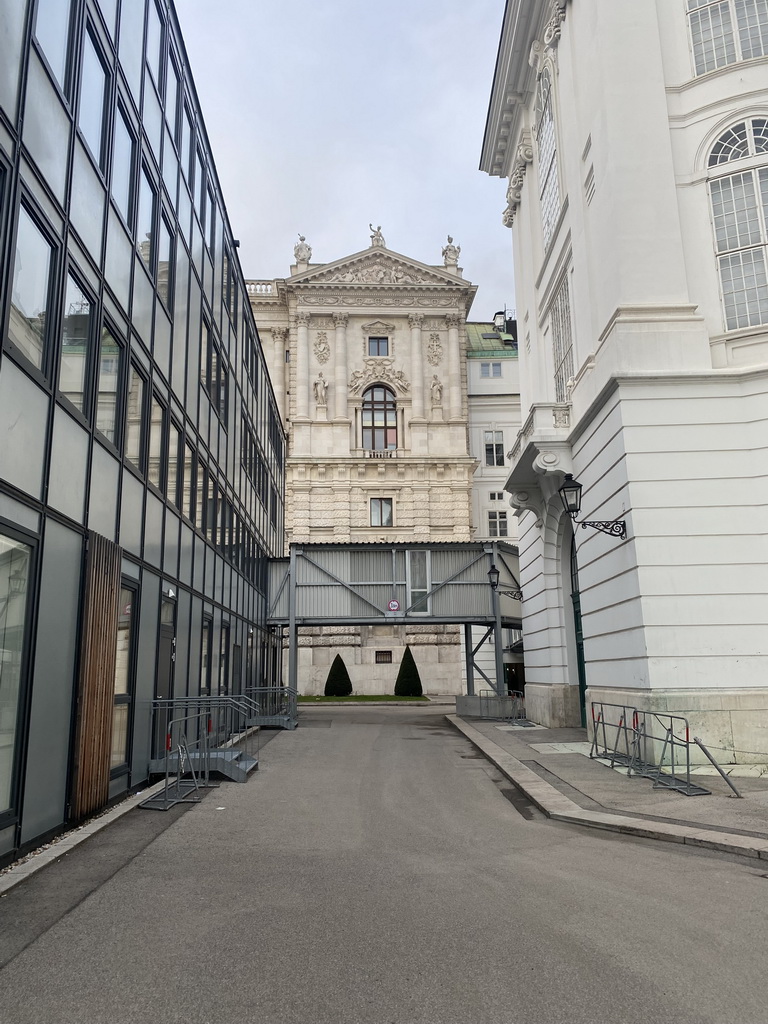 The square at the north side of the Burggarten park with the Pavillon Hof building, the Arztzimmer building of the Hofburg palace and the back side of the Austrian National Library