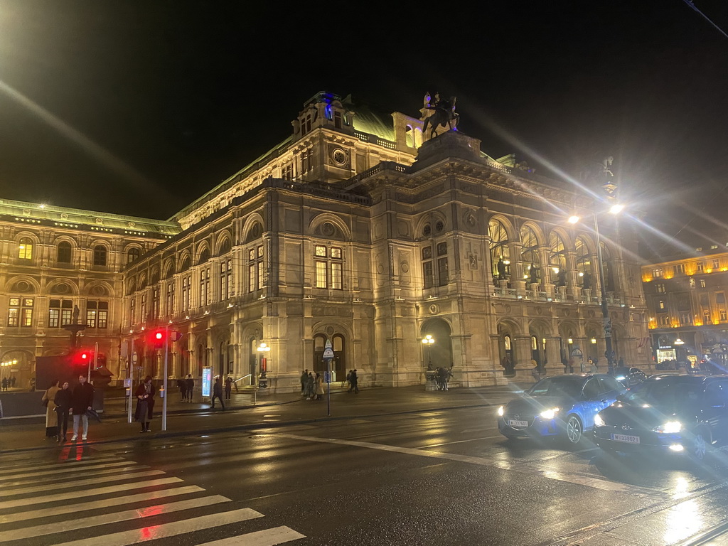 South side of the Wiener Staatsoper building at the Opernring street, by night