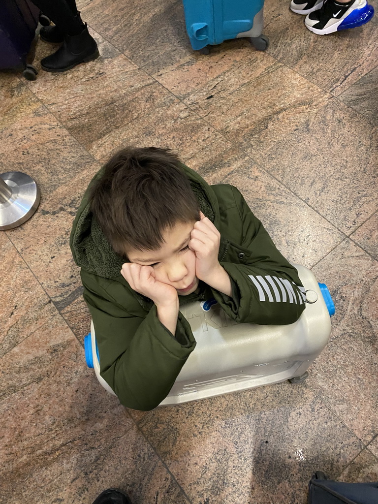 Max on his suitcase at the Departures Hall of Vienna International Airport