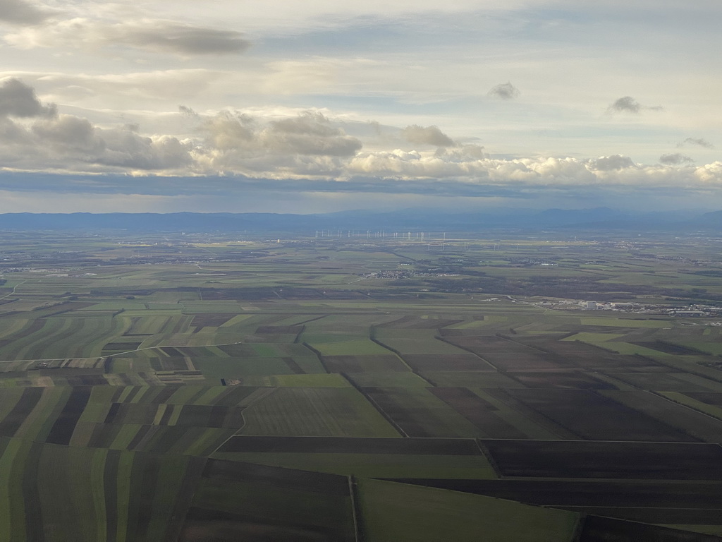 Farmlands and windmills south of Vienna International Airport, viewed from the airplane to Eindhoven