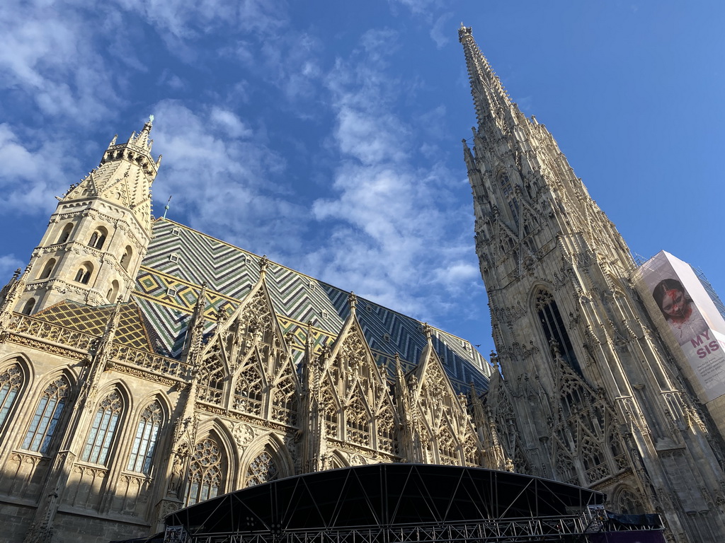 Southwest side of St. Stephen`s Cathedral and Silvesterpfad stage at the Stephansplatz square