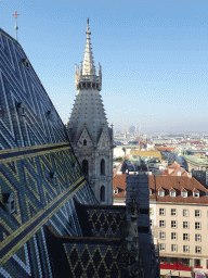 Northwest small tower and mosaic roof at St. Stephen`s Cathedral, viewed from the viewing platform at the North Tower