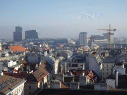 The north side of the city with the Finanzdirektion Justizzentrum building and the Bahnhof Wien Mitte railway station, viewed from the viewing platform at the North Tower of St. Stephen`s Cathedral