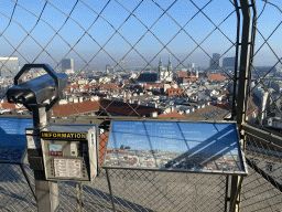 The east side of the city with the Jesuit Church and the Bahnhof Wien Mitte railway station, viewed from the viewing platform at the North Tower of St. Stephen`s Cathedral, with explanation