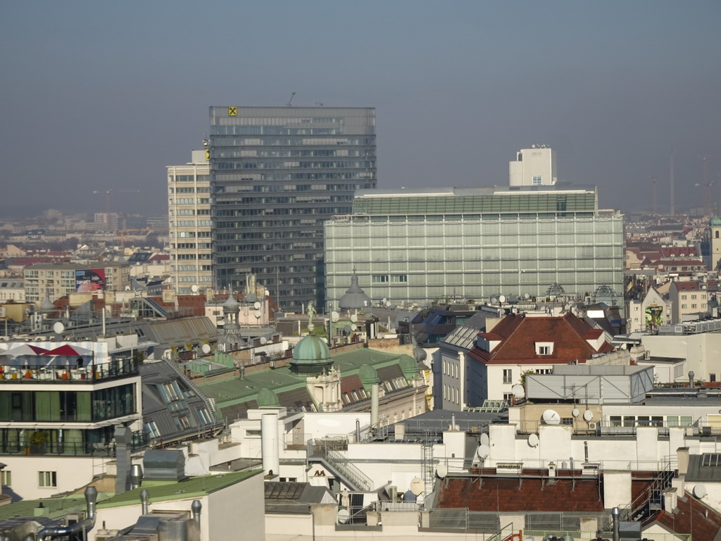 The north side of the city with the Raiffeisen and IBM buildings, viewed from the viewing platform at the North Tower of St. Stephen`s Cathedral