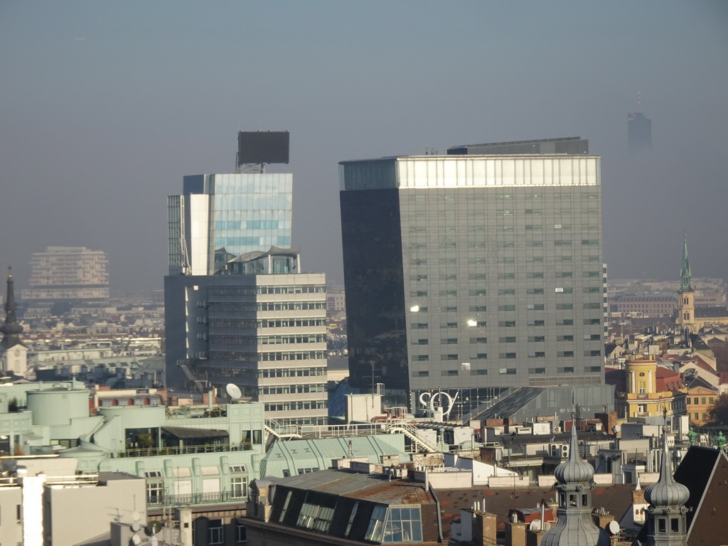 The north side of the city with the Juwel Wien building and the SO/ Vienna hotel, viewed from the viewing platform at the North Tower of St. Stephen`s Cathedral