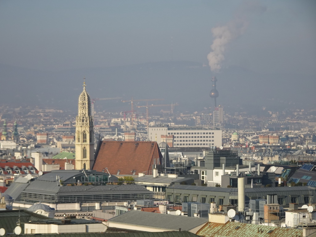 The northwest side of the city with the Catholic Church Maria am Gestade, viewed from the viewing platform at the North Tower of St. Stephen`s Cathedral
