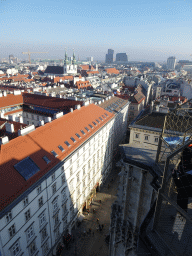 The east side of the city with the Schulerstraße street, the Jesuit Church and the Bahnhof Wien Mitte railway station, viewed from the viewing platform at the North Tower of St. Stephen`s Cathedral