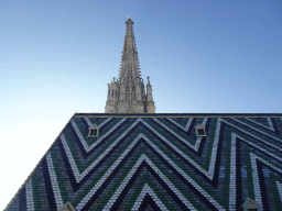 South Tower and mosaic roof at St. Stephen`s Cathedral, viewed from the viewing platform at the North Tower