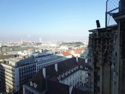 The northwest side of the city with the Catholic Church Maria am Gestade, viewed from the viewing platform at the North Tower of St. Stephen`s Cathedral