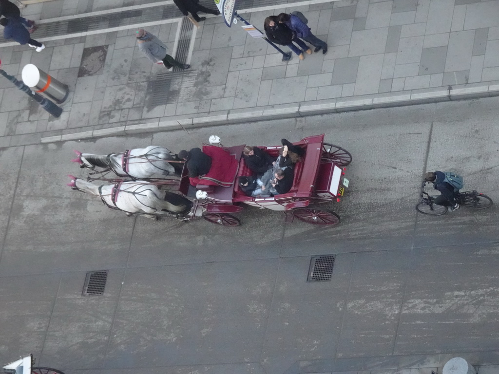 Horse and carriage at the north side of the Stephansplatz square, viewed from the viewing platform at the North Tower of St. Stephen`s Cathedral