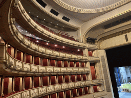 Left side and stage of the Auditorium of the Wiener Staatsoper building, viewed from the Main Balcony