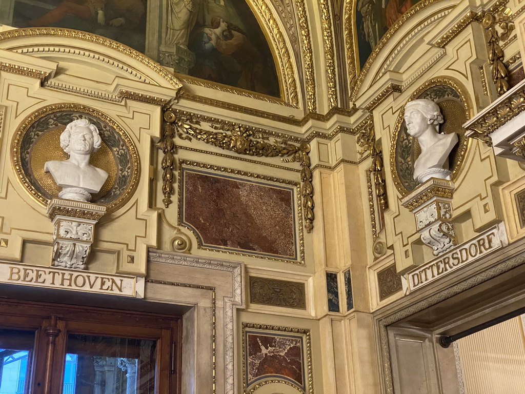 Busts of Ludwig van Beethoven and Carl Ditters von Dittersdorf at the Schwind Foyer at the upper floor of the Wiener Staatsoper building