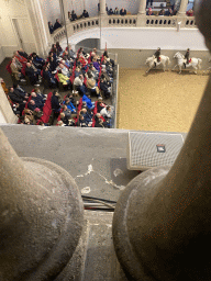 Main grandstand and horses at the Spanish Riding School, viewed from the upper floor, during the show