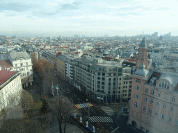 The Esterházypark and the Gumpendorfer Straße street with rainbow pedestrian crossing, viewed from the staircase of the Haus des Meeres aquarium